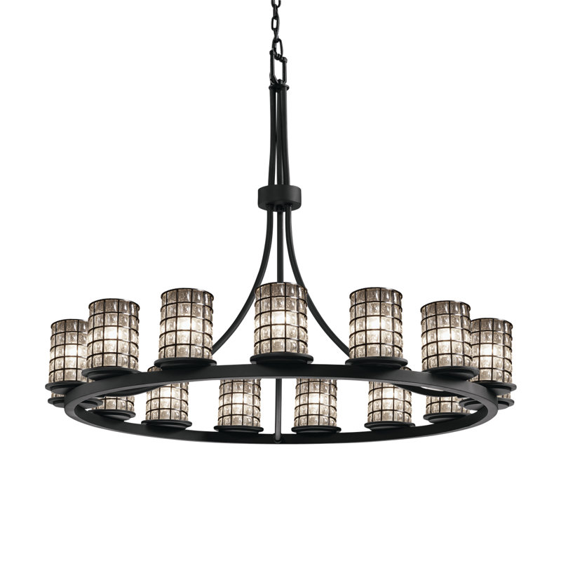 Lustre 15 lumières en verre fils dakota, Noir mat, Spirale avec bulles transparentes