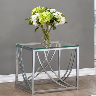 Table de bout carrée en verre avec finition lisse, pieds en métal de longue durée, 19,59 pouces de largeur et de profondeur, une hauteur de 19,18 pouces, s'adapte bien à la surface des styles de meubles, poli, profond, profond, haut