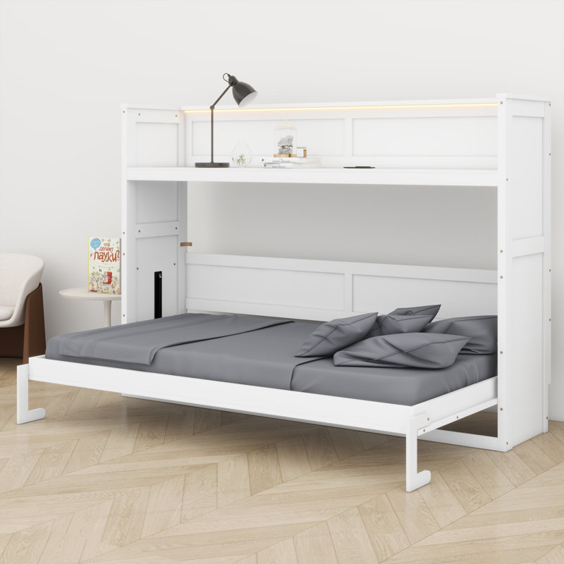 Lit escamotable simple avec bureau intégré, lumière DEL, station de charge USB, Blanc