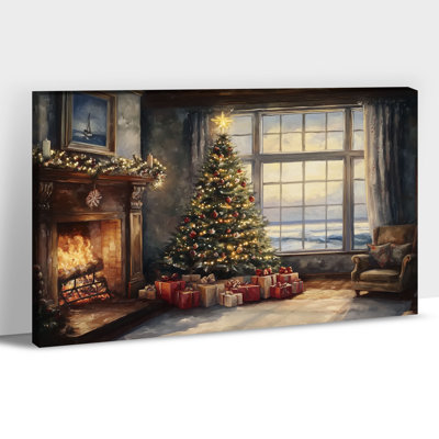Grand décor Abiel, impressions sur toile de cheminée d'hiver et d'arbre de Noël rétro, œuvre d'art des Fêtes pour salon, chambre à coucher, décorations de Noël de ferme prêtes à être accrochées, 36 po x 48 po