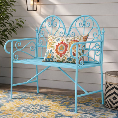 Banc de jardin en métal à double arche et volutes – Banc d'appoint extérieur 2 places d'inspiration vintage pour terrasse, porche, jardin, bleu