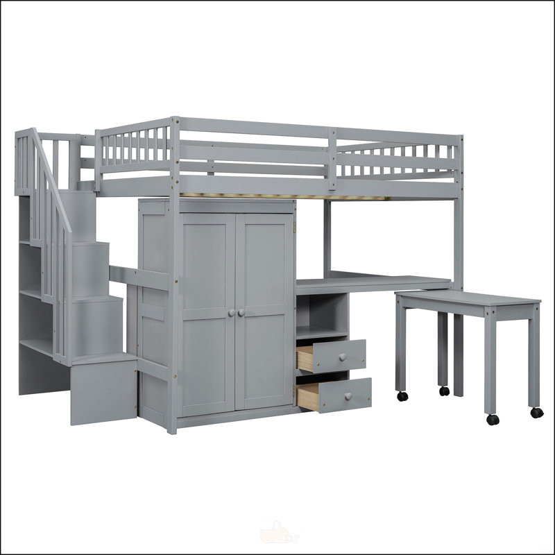 Lit mezzanine double avec escalier, Double, Gris