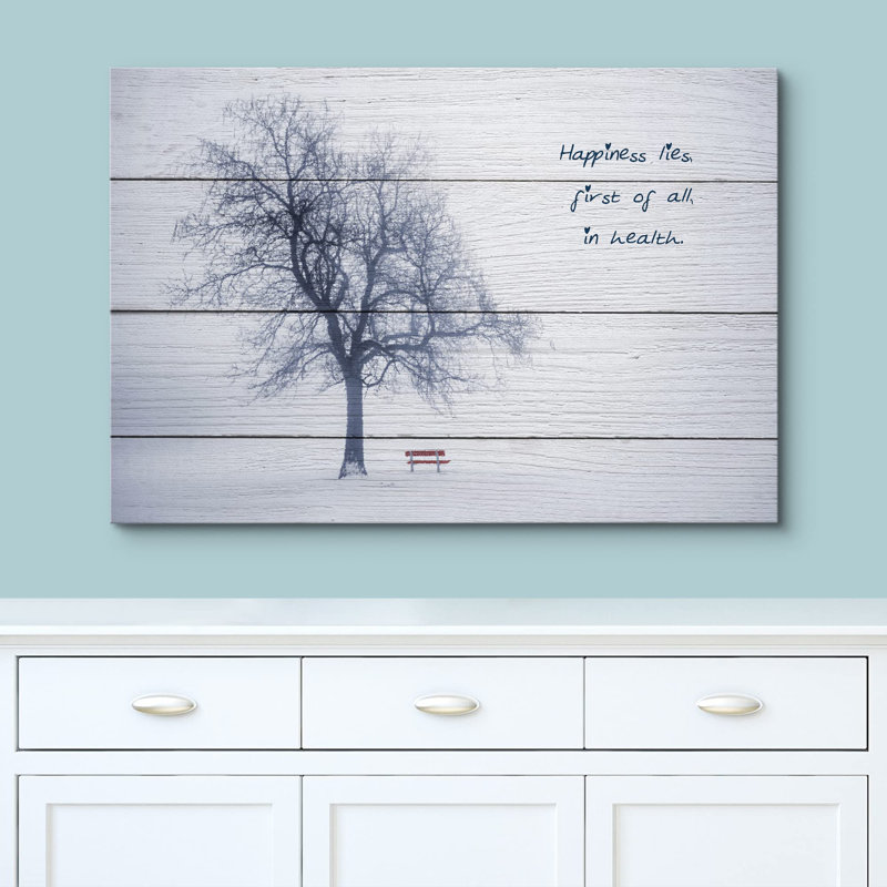 «Happiness Quotes with Winter Tree & Bench Medecine», art numérique moderne contemporain, H 32 po x l 48 po