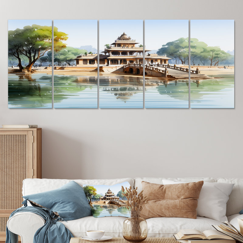 Vietnam Temple Lotus Pond Serenity - China Art, ensemble de 5 décorations murales, H 32 po x l 80 po