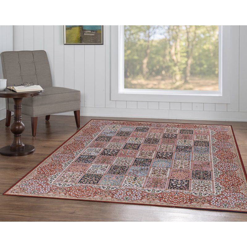 Emanuel Traditional Machine Woven Flatweave Red and Ivory Area Rug with Non Skid Backing , Rectangle 5' x 7'