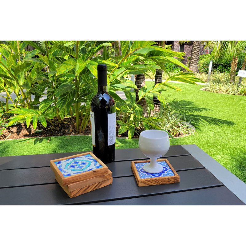 Homeware Handcrafted Olive Wood and Ceramic Square Tile Coaster - Unique Rustic Design