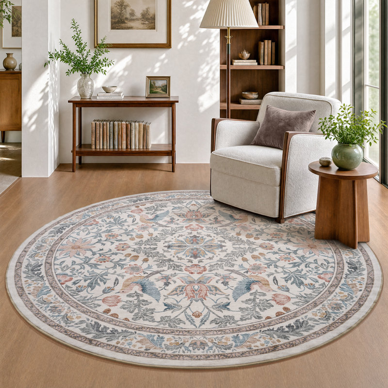 Soft Multicolor Vintage Floral Washable Non-Slip Area Rug for Living Room & Bedroom, Round 6'
