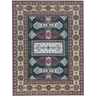 Kazak Wool Oriental Area Rug in Green/Maroon/Brown/White