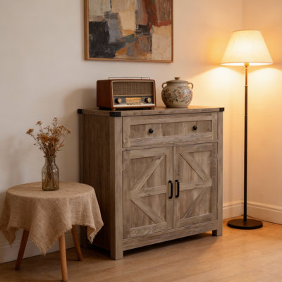 Gray Barn-Door Cabinet With Drawer - Suitable For Kitchen, Living Room, Dining And Entryway, Black Metal Handles, Silverware Storage Buffet Gray-Washed Wood, Bathroom, Balcony, Spacious Compartments