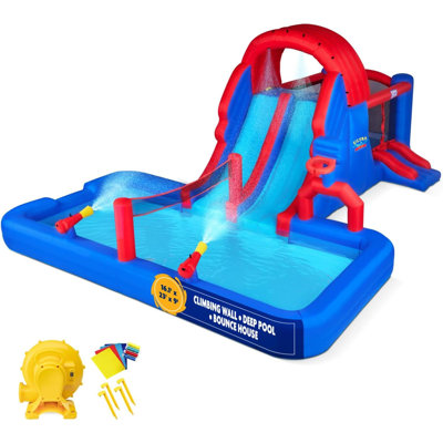 Ultra All-Play Inflatable Water Slide Park – Heavy-Duty For Outdoor Fun - Climbing Wall, Slides, Bounce House, Volley Net, Deep Pool – Inflate With Included Air Pump & Carrying Case