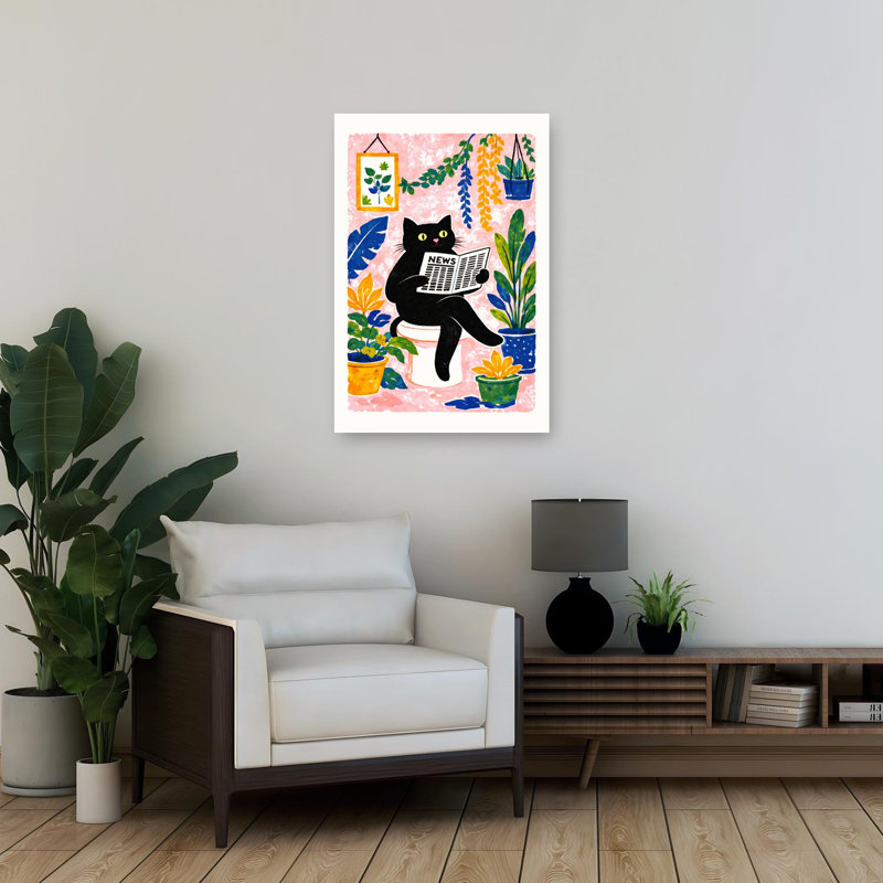 Chat fantaisiste lisant les nouvelles, art mural ludique et contemporain, H 36 po x l 24 po