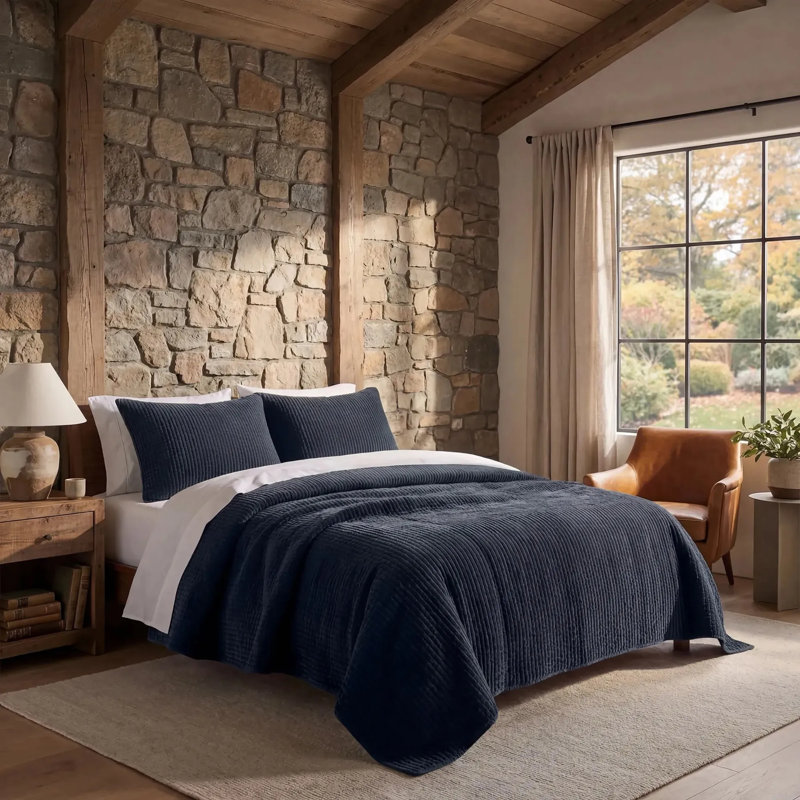Stonewashed Cotton Velvet Modern Rustic Quilt Set, Navy, King Quilt  + 2 King Shams