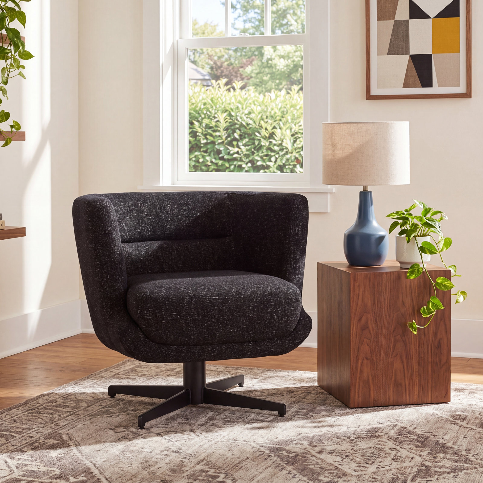 Arnelle Pine Swivel Barrel Chair, 100% Polyester Black 