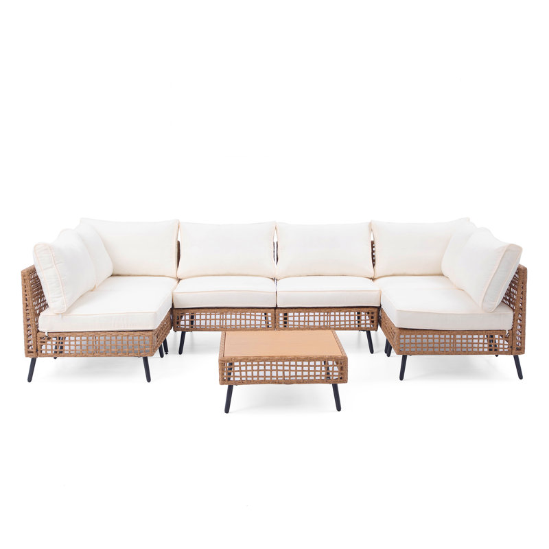 All-Weather Wicker 6 - Person Modular Patio Conversation Sets with Cushions, White/Beige