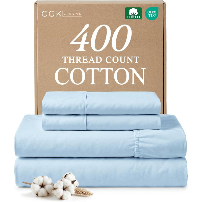 100% Cotton Sheet Set, 400 Thread Count Hotel Luxury Bedding, Soft & Breathable Bed Sheets, 4 Piece Set, Light Blue