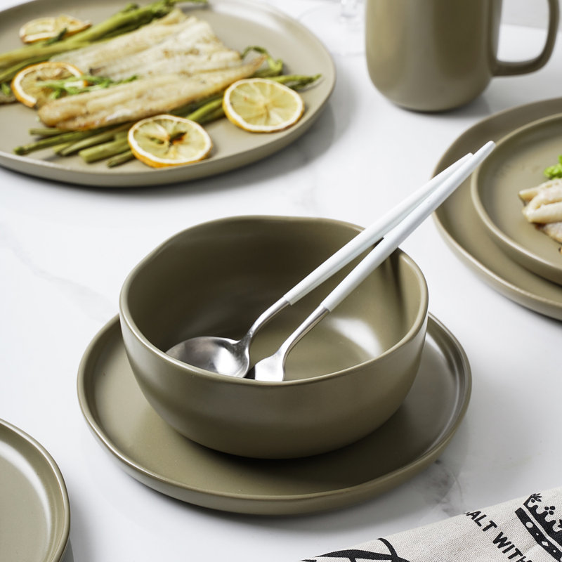 Olive Green Ceramic 32-Piece Dinnerware Set with Variegated Glaze