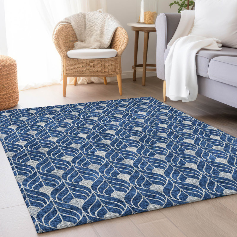 Tapis bleu marine de qualité supérieure lavable à la machine Prisco, Rectangle 10 pi x 14 pi