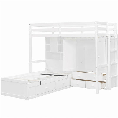 Lit superposé simple avec tiroirs, garde-robe, tablettes de rangement et lit hydraulique, blanc