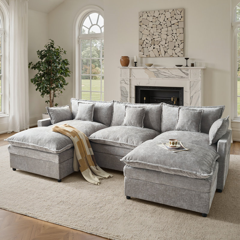 Canapé d'angle modulaire en chenille de 107,9 pouces avec 2 poufs, Gris chenille