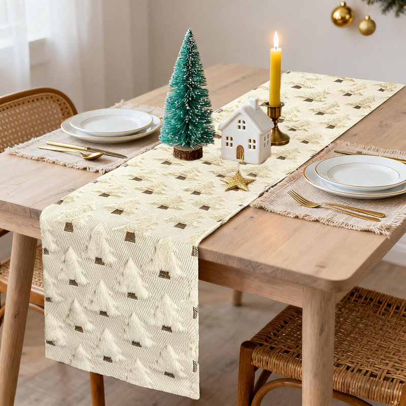 Chemin de table de Noël 13 x 72 pouces doux peluche fausse fourrure jacquard beige arbre de Noël décorations de Noël hiver vacances chemin de table de Noël pour la cuisine de la maison salle à manger décor