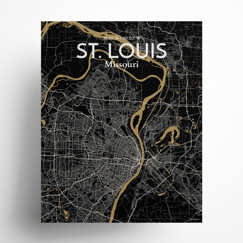 St. Louis City Map, impression, H 20 po x l 16 po, Noir et or