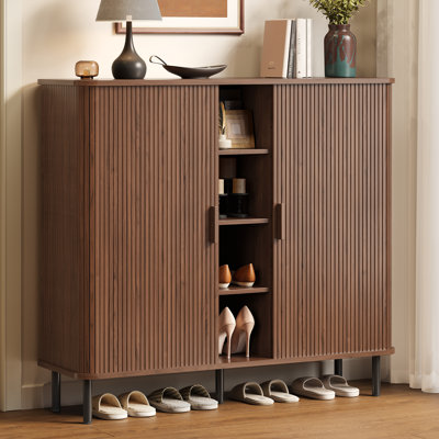 26 Pair Shoe Storage Cabinet With Open Storage Compartments, 5-Tier Wooden Shoe Organizer Cabinet With Adjustable Shelves & Tambour Sliding Doors