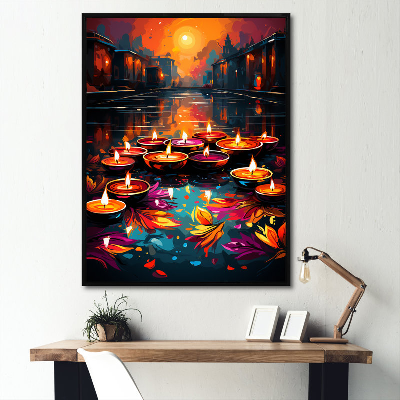 Art indien, lumières de Diwali 2 - Art mural indien, Cadre flottant noir, 32" H x 16" W