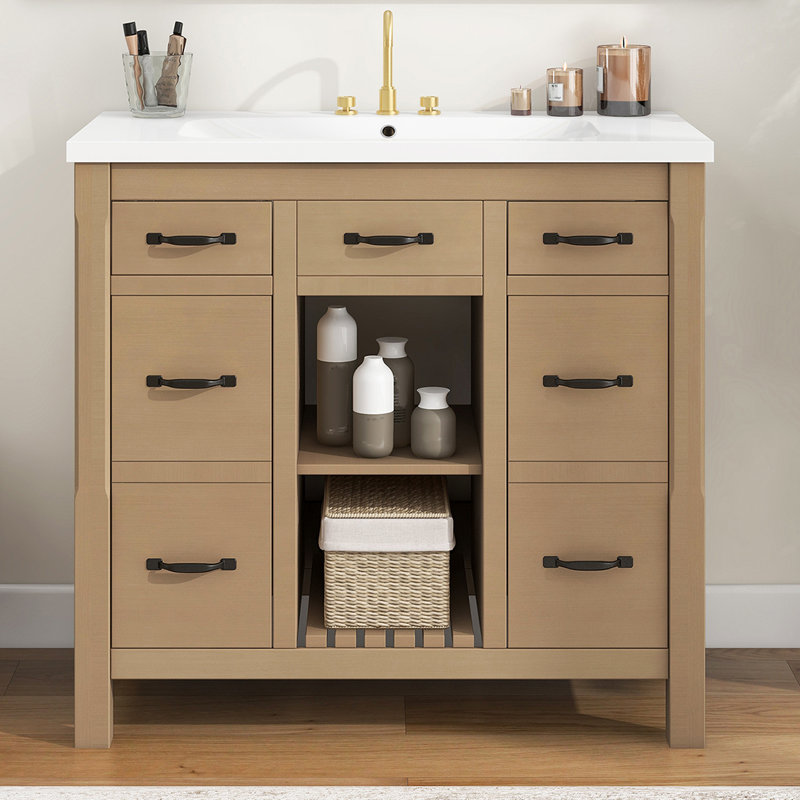 Meuble-lavabo simple 36 po avec plateau en résine Rikayla, Brun