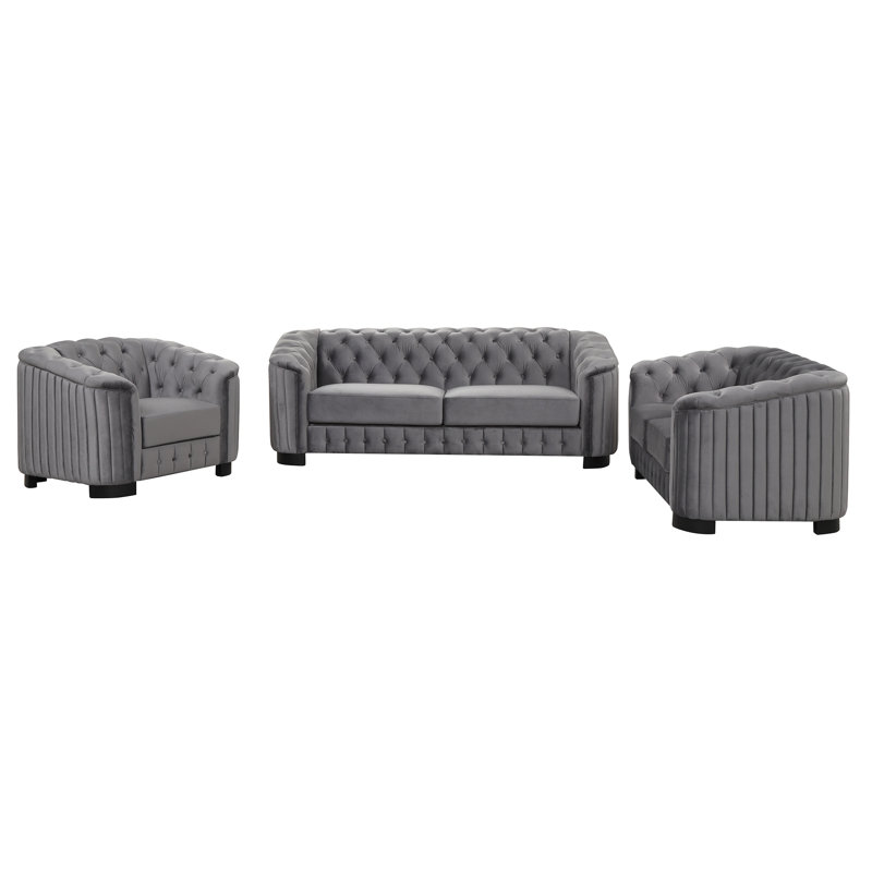 Ensemble de canapé capitonné en velours 3 pièces avec pieds en bois d'hévéa Darise, Gris