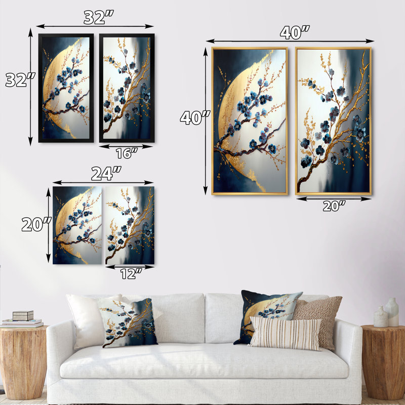 «Blue Cherry Blossom Branch IV», 2 pièces sur toile, H 32 po x l 32 po, Encadrement brun