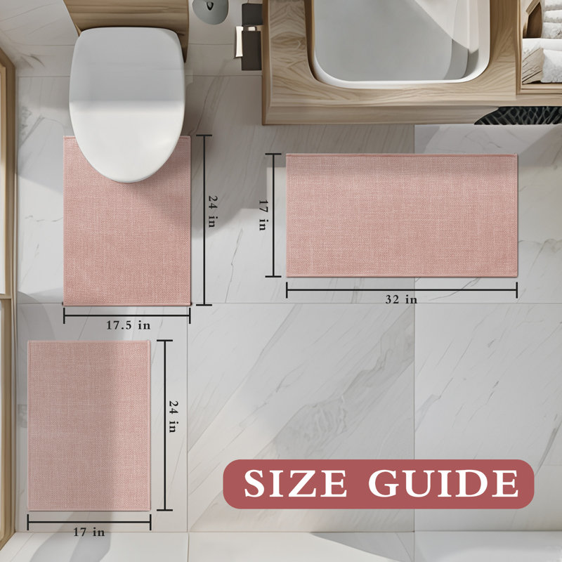 Ensemble de 3 tapis de bain d'aspect lin avec envers antidérapant, Rose