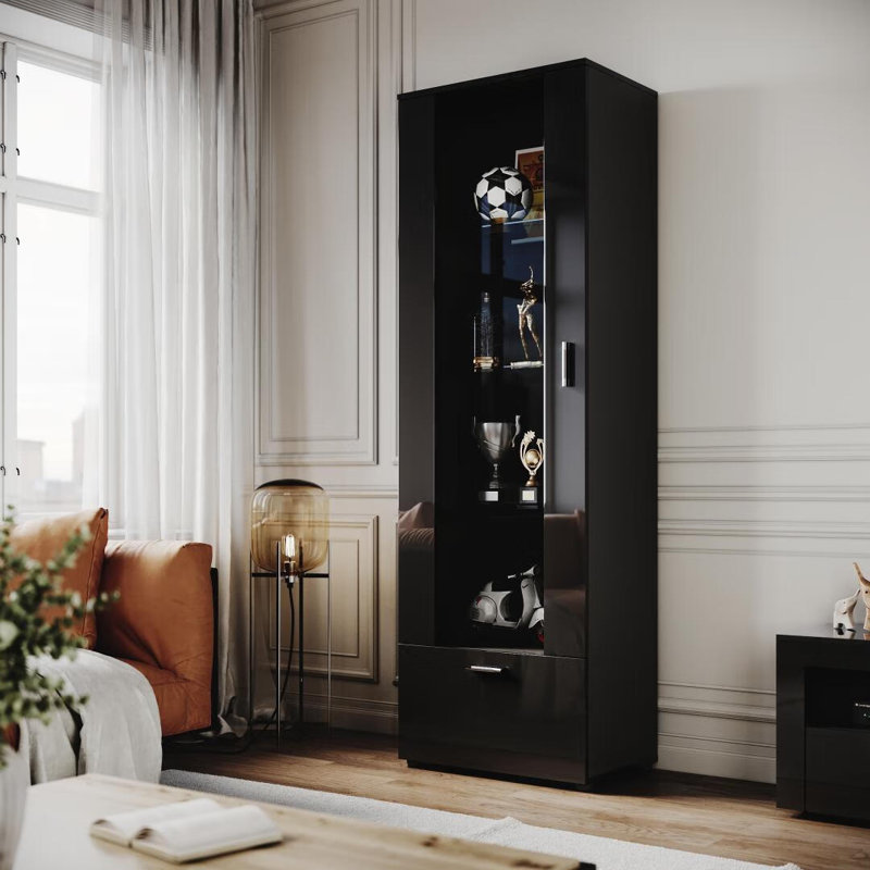 187*60*40cm High Display Cabinet with RGB Colour Changing Multi-Tier Storage, Black