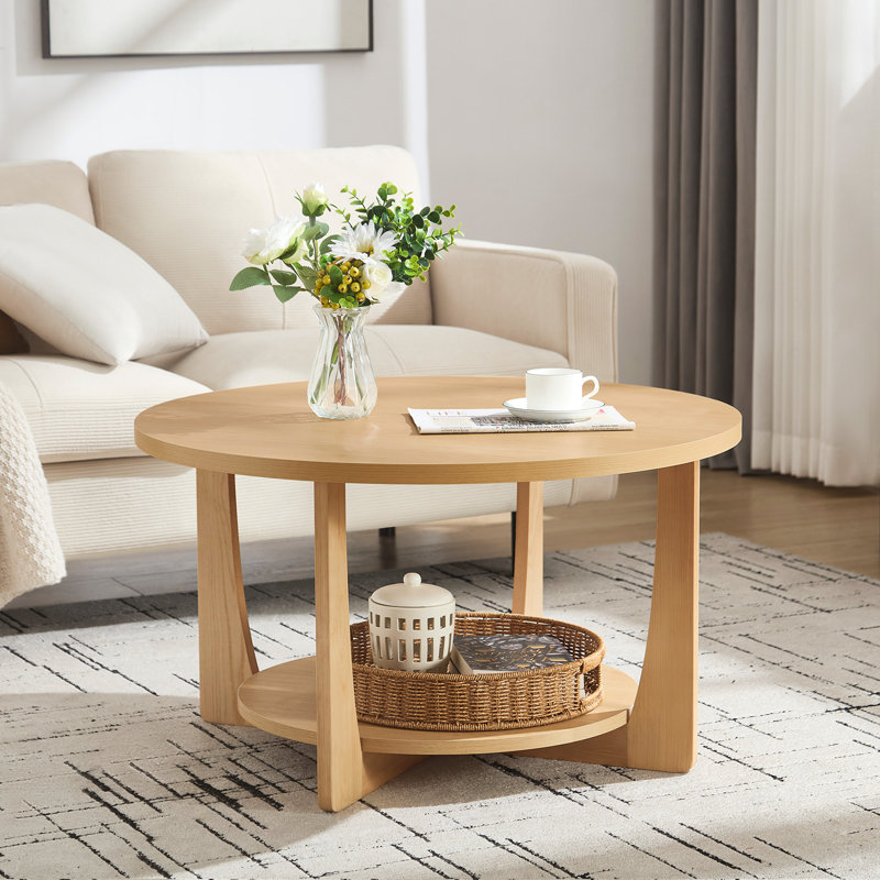 31.5'' Solid Wood Legs Round Coffee Table with 2-Tier Storage, Natural