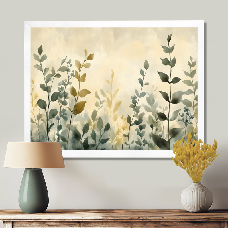 Beige Vert Neutre Herb Horizon I - Tableau encadré d'herbes, H 12 po x l 20 po, White Picture Framed