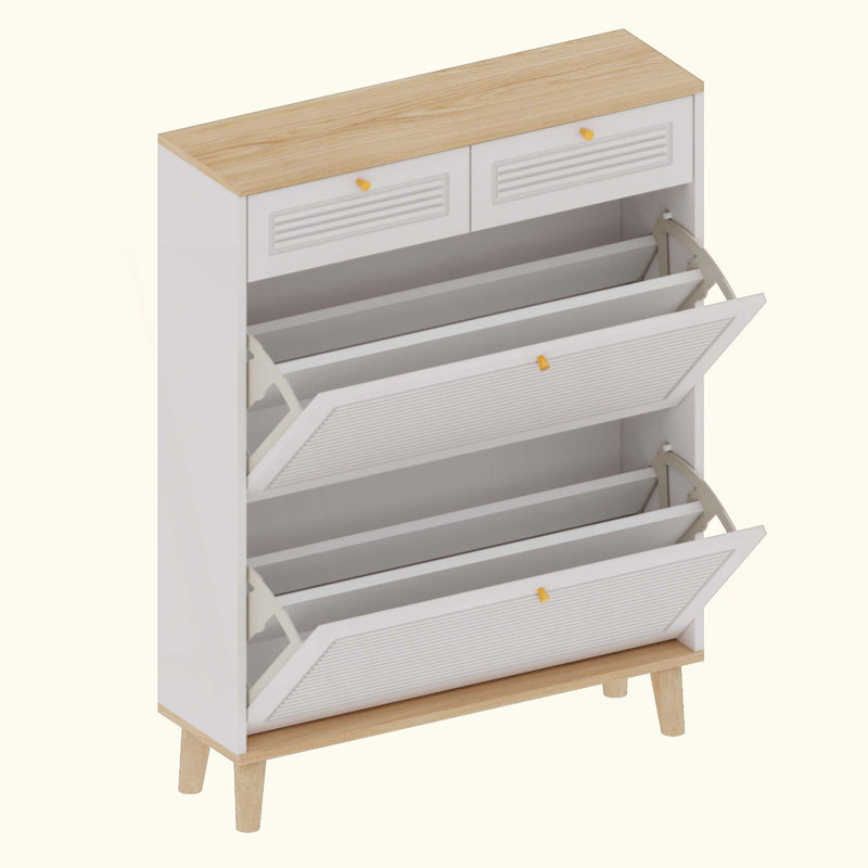 Shoe Cabinet With 2 Flip-Up Doors And 2 Drawers,Narrow Shoe Rack Cabinet,Freestanding Shoe Organizer,Shoe Organizer For Entryway,With Natural Wood Legs
