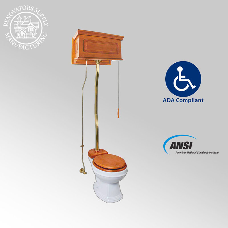 High Tank Pull Chain Toilet – Light Mahogany Wooden Tank, Elongated Bowl, 1.6 GPF Gravity Flush, Adjustable Height & Z Pipe  (Seat Not Included)