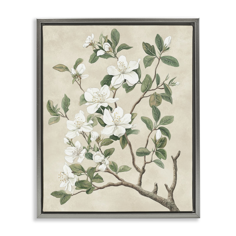 Cadre flottant rétro avec arbre fleuri, design par Petal Prints Design, Cadre flottant gris lustré, H 21 po x l 17 po