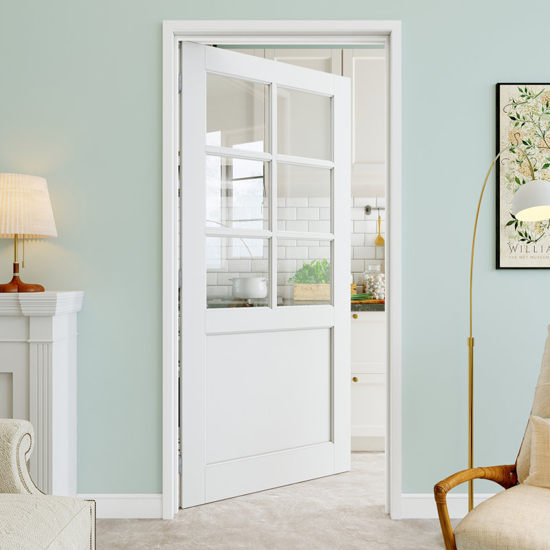 Porte pré-suspendue en verre transparent 32 po x 80 po à 6 lumières avec charnières argentées, plaque de porte en verre transparent, pouvant être peinte et imperméable, combinaison pour la lessive, portes de placard, portes de chambre, main gauche