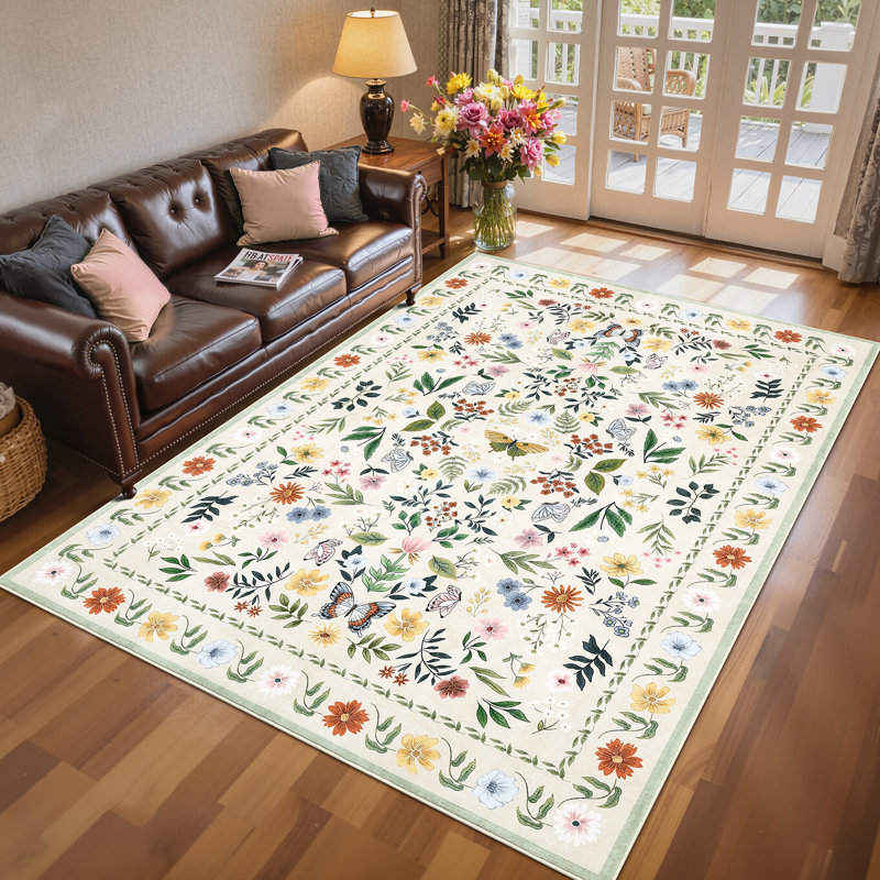 Washable Rugs for Living Room, Floral Animal Print Area Rug with Non Slip Backing, Low Pile & Stain Resistant Botanical Soft Accent Carpet for Dining Room, Under Table, Bedroom, Nursery