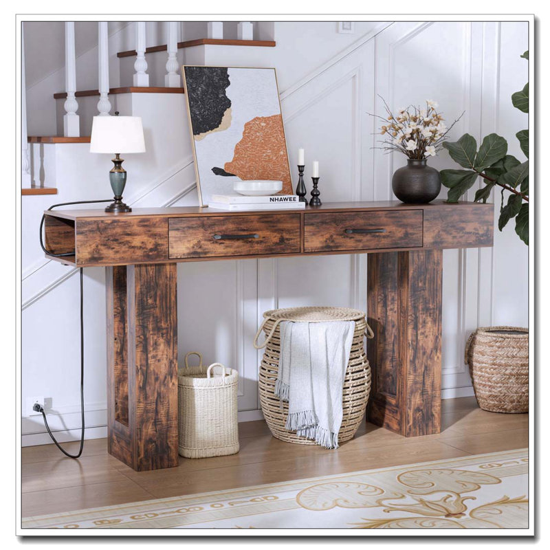 Console de 63 pouces de long avec canapé rectangulaire en bois derrière le canapé, Brun rétro