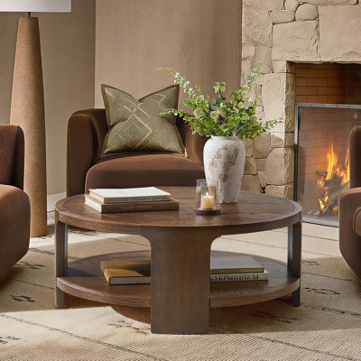 Waynesville Promise 42"W Modern Farmhouse Oak Solid Wood Round Coffee Table with Open Lower Shelf