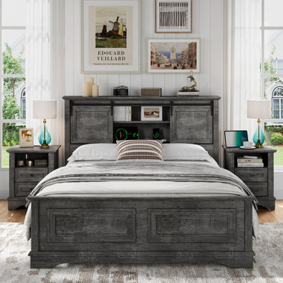 Queen Platform Bed With Wooden Headboard And Built-In Storage Shelves – No Box Spring Needed, Metal Slats Support, Modern Farmhouse Style