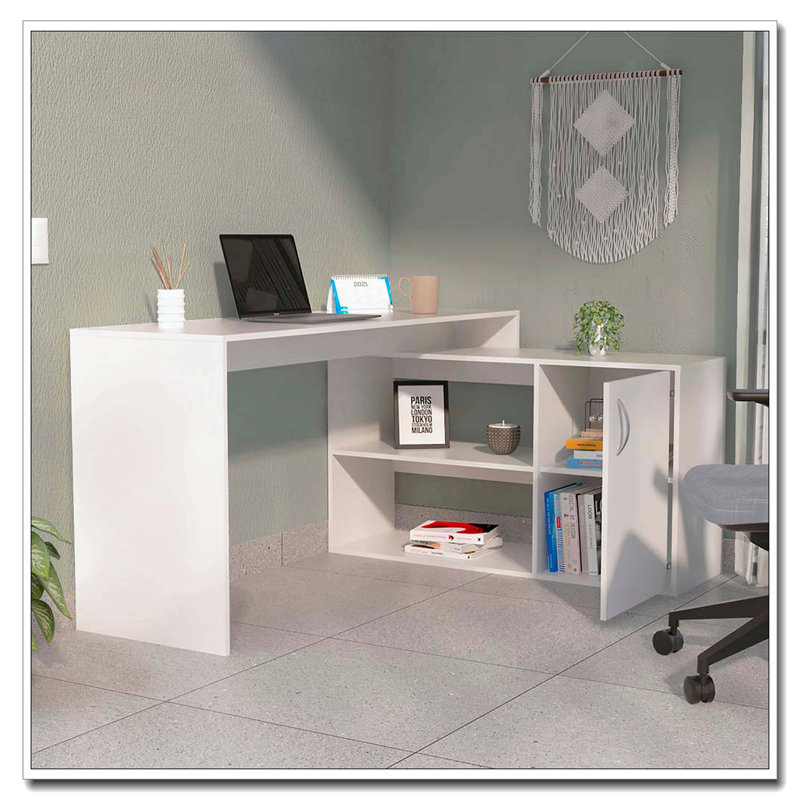 Bureau en L blanc à 1 tiroir et 2 tablettes en L, Blanc
