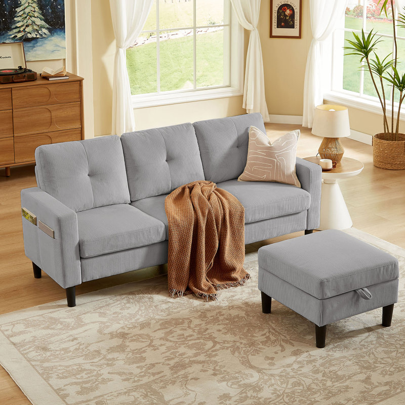 Canapé en L 79,14 po avec poches de rangement et repose-pieds réversible, Gris clair