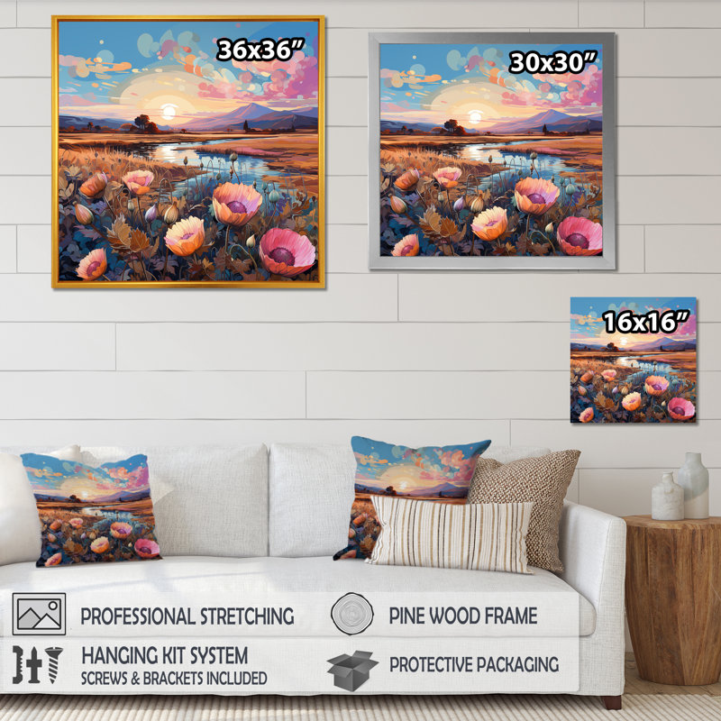 «Thistle Flower Field Sunset» sur toile, H 24 po x l 24 po x P 1 po, Cadre doré simple
