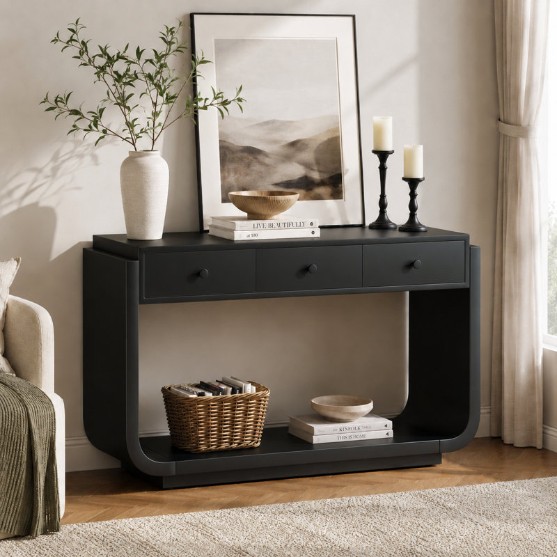 Console courbée Velmori de 55 po avec 3 tiroirs et tablette ouverte, Noir