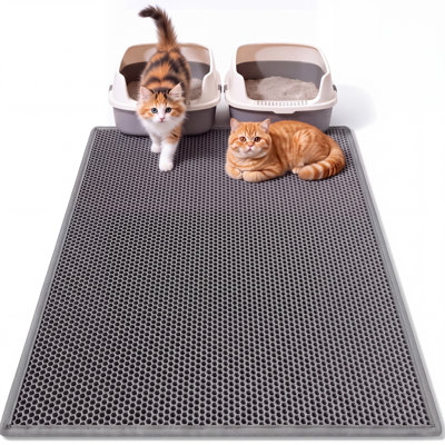 Large Cat Litter Mat 47.2" x 27.5", Double-Layer Honeycomb Silicone Litter Trapping Mat, Waterproof Urine-Proof Floor Protector with Pour Opening for Single or Multiple Litter Boxes, Gray