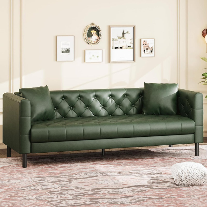 Leather Couch, Handmade Button Tufted 3 Seater Sofa, Chesterfield Sofa with Deep Seat and 2 Pillows, Leather Sofa for Living Room Apartment, Office