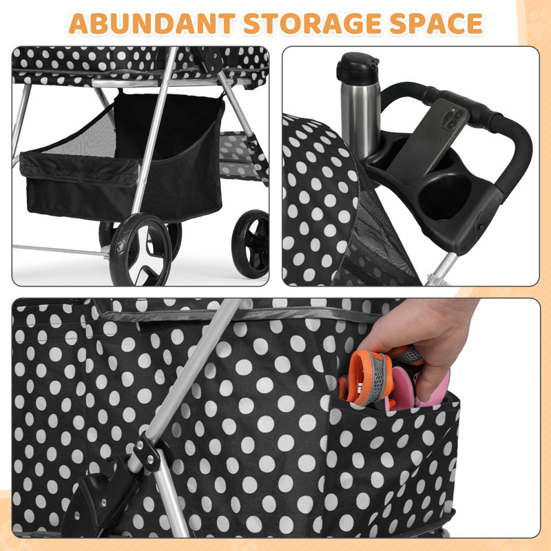 Black and White Polka Dot Foldable Pet Stroller with Steel Frame