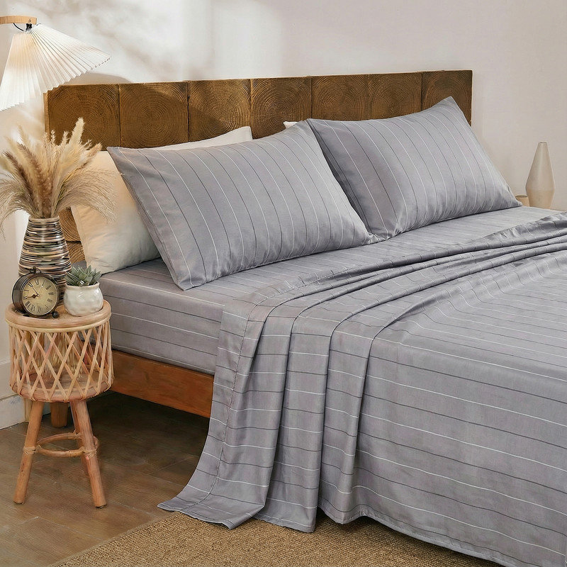 Gray Pinstripe Sheet Set Queen Size - 100% Cotton Striped Bedding 4 Pieces, Soft Breathable Percale Weave, 17.5” Deep Pocket, Luxury Linen Like, All Season Comfort